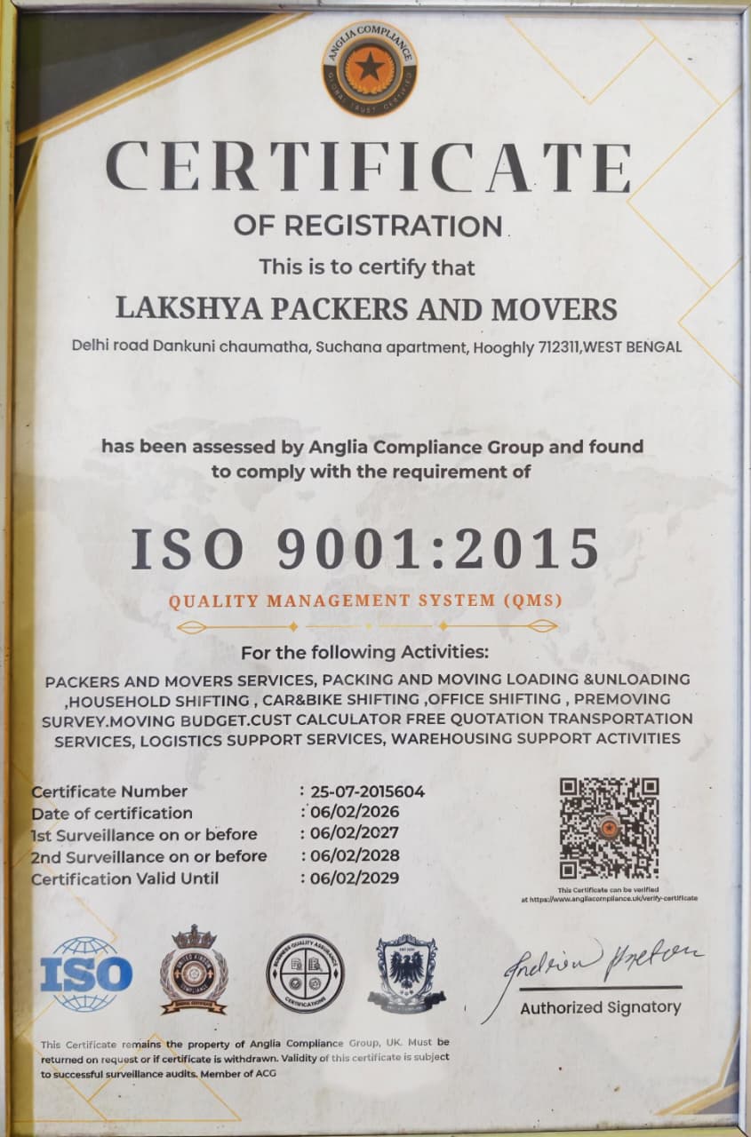 ISO 9001:2015 Quality Management System Certificate of Lakshya Packers and Movers