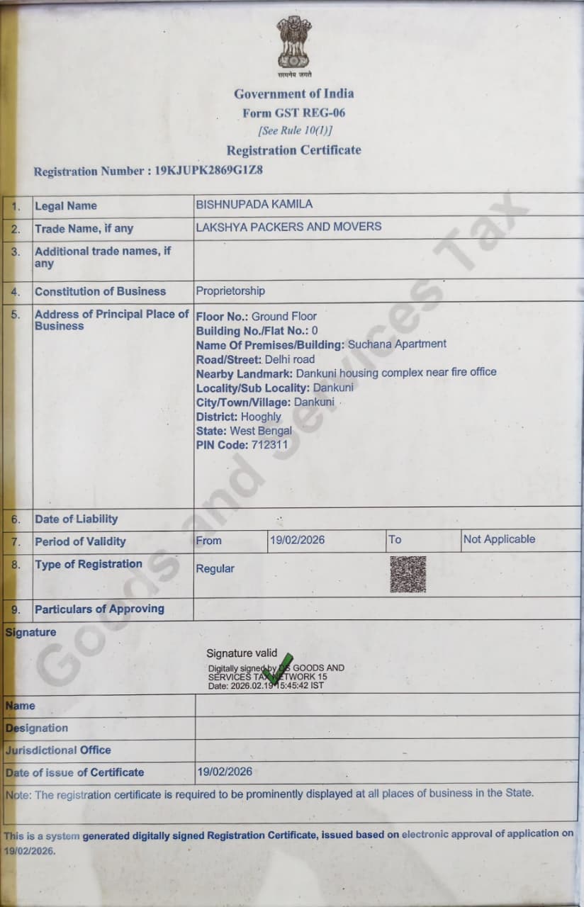 GST Registration Certificate of Lakshya Packers and Movers
